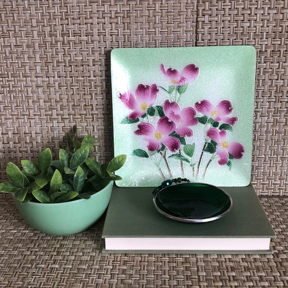Japanese Cloisonné Enamel Pink Floral Green Background Decorative Square Plate - Picture 2 of 9